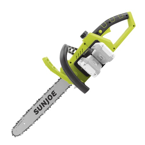 Left-side view of the Sun Joe 48-volt cordless 16-inch chainsaw kit with two 2.0-Ah lithium-ion batteries attached.