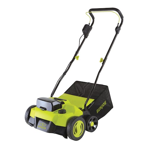 Right-angled view of the Sun Joe 48-volt cordless 14-inch scarifier and dethatcher.