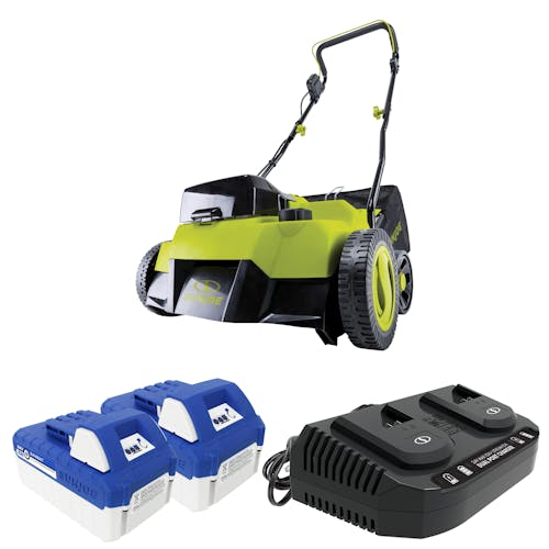 Sun Joe 48-volt cordless 14-inch scarifier and dethatcher with two 4.0-Ah lithium-ion batteries and dual-port charger.