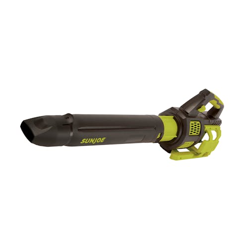 Angled view of the Sun Joe 48-volt cordless brushless turbine leaf blower.