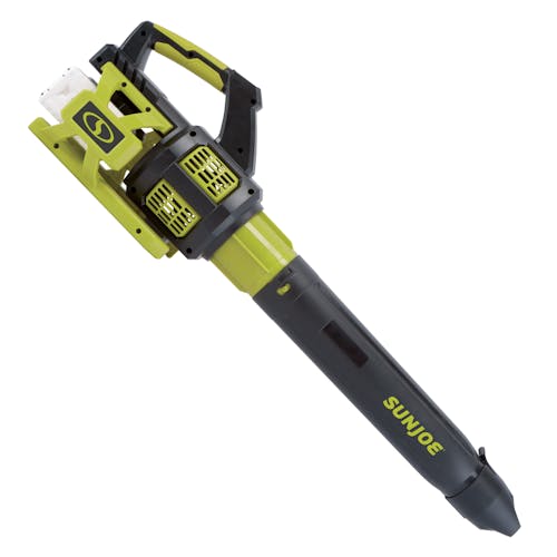 Right-side view of the Sun Joe 48-volt cordless brushless turbine leaf blower with two 2.0-Ah lithium-ion batteries attached.