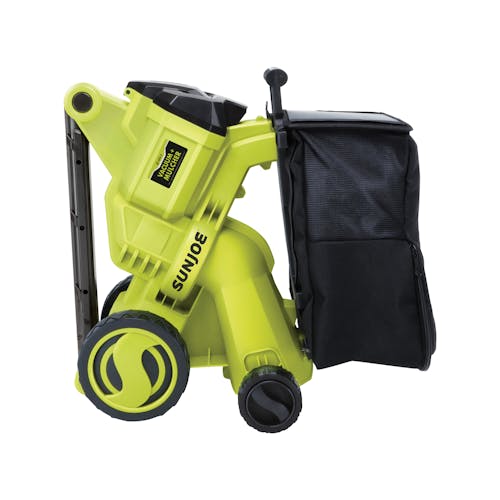 Side view of the Sun Joe 48-volt Cordless Outdoor Garden Vacuum/Mulcher Kit with the handle folded down.