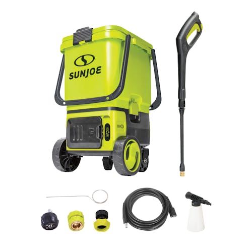 Sun Joe 48-volt Cordless Portable Pressure Washer Kit with spray wand, hose, foam cannon, hose connectors, and needle clean out tool.
