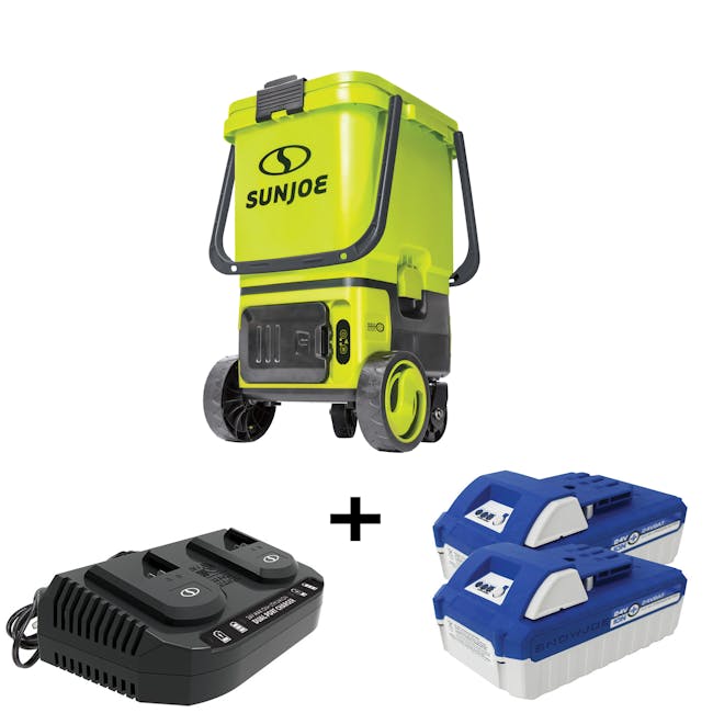 Sun Joe 48-volt Cordless Portable Pressure Washer Kit plus two 4.0-Ah lithium-ion batteries and dual-port quick charger.