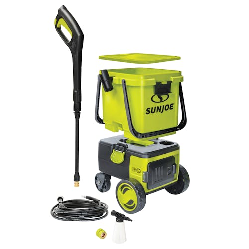 Sun Joe 48-volt Cordless Portable Pressure Washer Kit unassembled with foam cannon, hose, and spray wand.