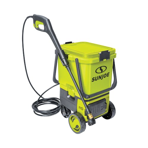 Sun Joe 48-volt Cordless Portable Pressure Washer Kit with spray wand attached on the side.