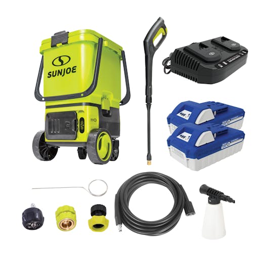 Sun Joe 48-volt Cordless Portable Pressure Washer Kit and two 4.0-Ah lithium-ion batteries, dual-port charger, foam cannon, hose, spray wand, inlet connector, hose adapter, and clean-out tool.