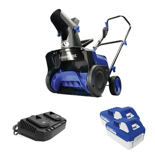 Snow Joe 48-volt cordless 15-inch snow blower kit with two 4.0-Ah lithium-ion batteries and dual-port quick charger.