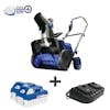Snow Joe 48-volt cordless 15-inch snow blower kit plus two 4.0-Ah lithium-ion batteries and dual-port quick charger.