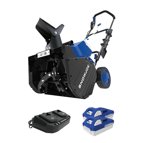 Snow Joe 48-volt cordless 18-inch snow blower kit with two 4.0-Ah lithium-ion batteries and dual-port quick charger.