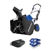 Snow Joe 48-volt cordless 18-inch snow blower kit with two 4.0-Ah lithium-ion batteries and dual-port quick charger.