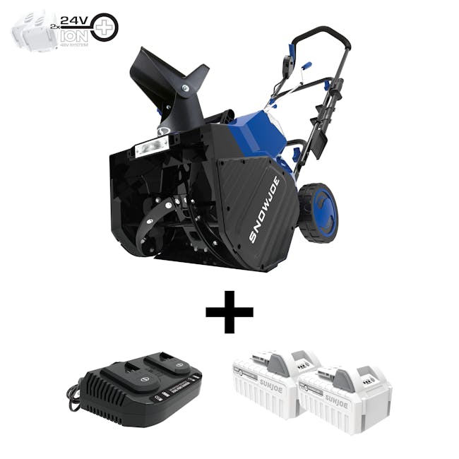 Snow Joe 48-volt cordless 18-inch snow blower kit plus two 8.0-Ah lithium-ion batteries and dual-port quick charger.