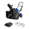 Snow Joe 48-volt cordless 18-inch snow blower kit with two 8.0-Ah lithium-ion batteries and dual-port quick charger.