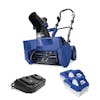 Snow Joe 48-volt cordless snow blower kit with auto-rotate chute with two 4.0-Ah lithium-ion batteries and dual-port charger.
