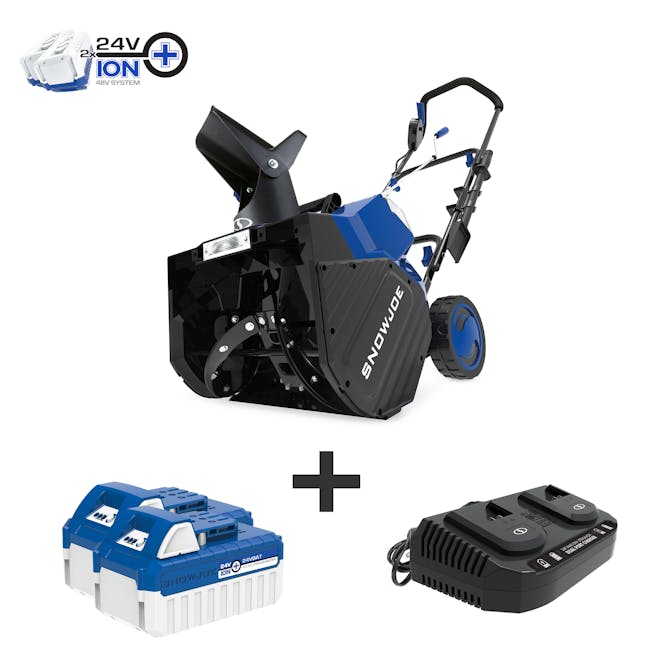 Snow Joe 48-volt cordless 18-inch snow blower kit plus two 4.0-Ah lithium-ion batteries and dual-port quick charger.