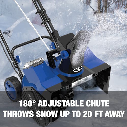180-gegree adjustable chute throws snow up to 20 feet away.