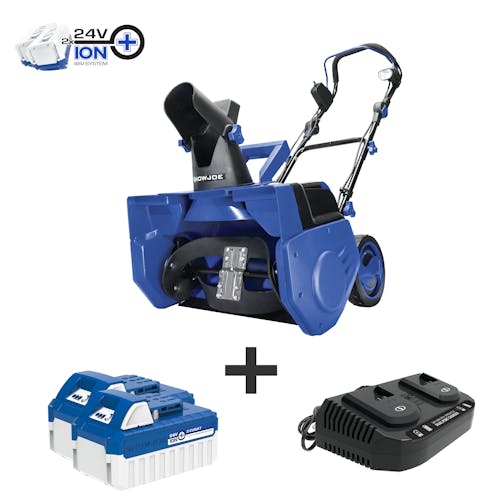 Snow Joe 48-volt cordless 21-inch snow blower kit plus two 4.0-Ah lithium-ion batteries and dual-port quick charger.