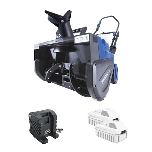 Snow Joe 48-volt cordless 22-inch single-stage snow blower kit with two 8.0-Ah lithium-ion batteries and high-speed dual-port charger.