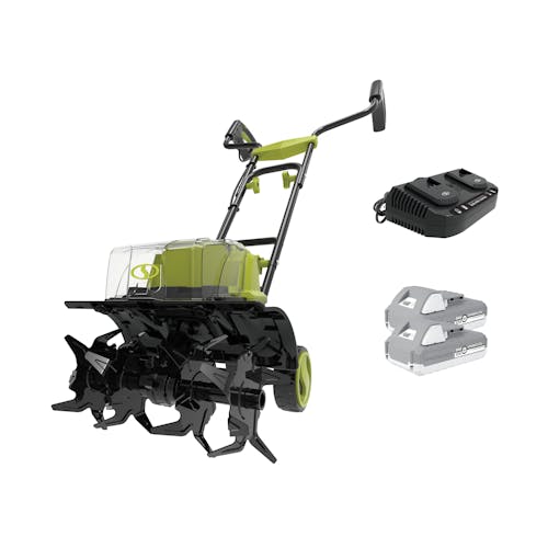 Sun Joe 48-volt Cordless 14-inch Garden Tiller/Cultivator Kit with two 2.0-Ah lithium-ion batteries and dual-port charger.