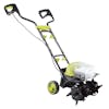 Angled view of the Sun Joe 48-volt Cordless 14-inch Garden Tiller/Cultivator Kit.