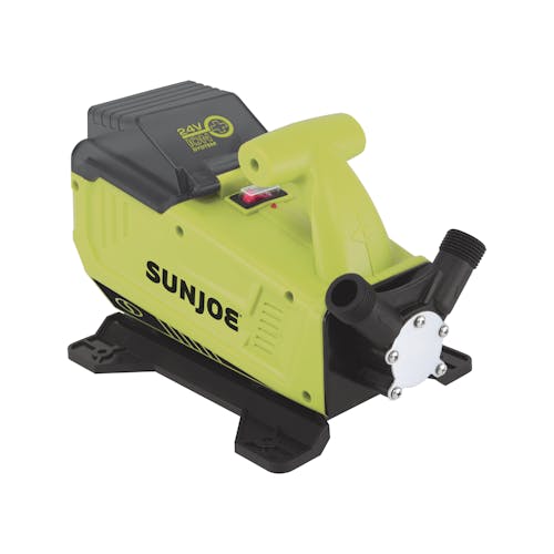 Left-angled view of the Sun Joe 24-volt Cordless 5.0-GPM Transfer Pump.