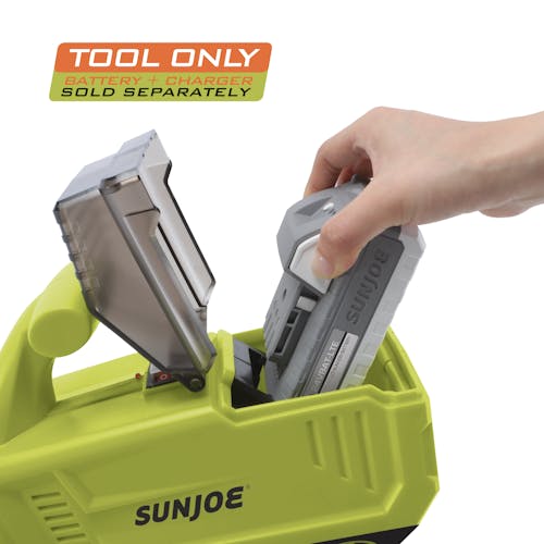 Person inserting a 2.0-Ah lithium-ion battery into the Sun Joe 24-volt Cordless 5.0-GPM Transfer Pump. Tool only.