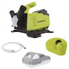 Sun Joe 24-volt Cordless 5.0-GPM Transfer Pump with a 2.0-Ah lithium-ion battery, hose, and puddle strainer.