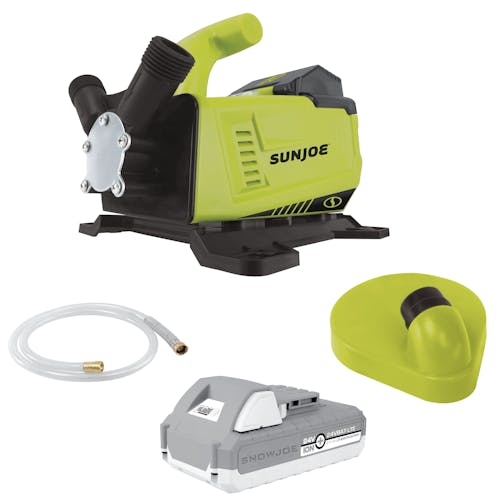 Sun Joe 24-volt Cordless 5.0-GPM Transfer Pump with a 2.0-Ah lithium-ion battery, hose, and puddle strainer.