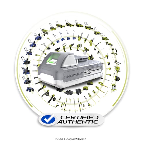 Sun Joe + Snow Joe 24V iON+ Certified Authentic battery with image of compatible products