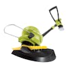 Bottom-angled view of the Sun Joe 24-Volt Cordless 10-inch Stringless Grass Trimmer with a 2.0-Ah lithium-ion battery attached.