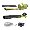 Sun Joe 24-volt cordless turbine leaf blower and 18-inch hedge trimmer with a 2.0-Ah lithium-ion battery and charger.