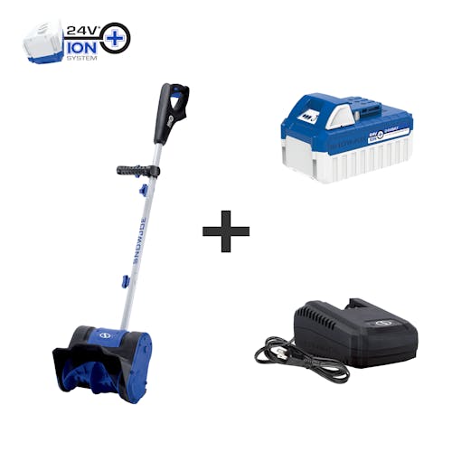 Snow Joe 24-volt cordless 10-inch snow shovel kit plus a 4.0-Ah lithium-ion battery and quick charger.
