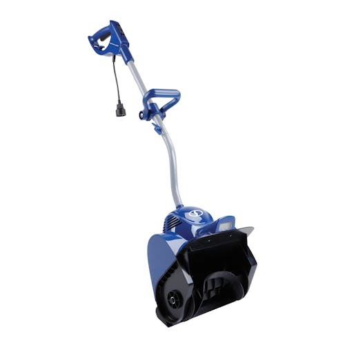 Left-angled view of the Snow Joe 10-amp 11-inch electric snow shovel with headlight.
