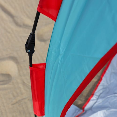 Close-up of the fabric and frame for the beach tent.