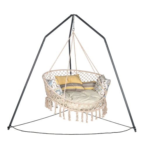 Bliss Hammocks 96-inch Overhead Tripod Stand with swing chair hanging from it.