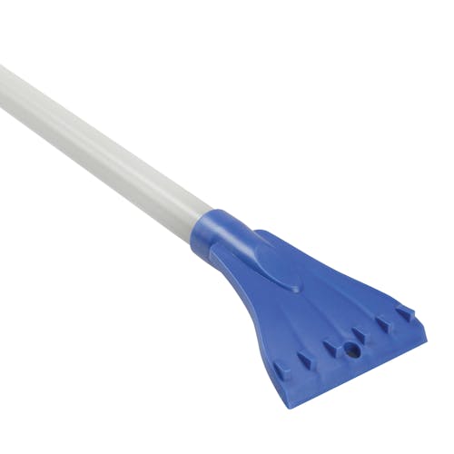 Close-up of the ice scraper on the Snow Joe 18-inch 4-In-1 Telescoping blue Snow Broom and Ice Scraper with LED lights.
