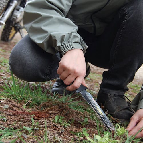 Person using the Nisaku Yamagatana 7.5-inch Japanese Stainless Steel Knife to take a weed out of the ground.
