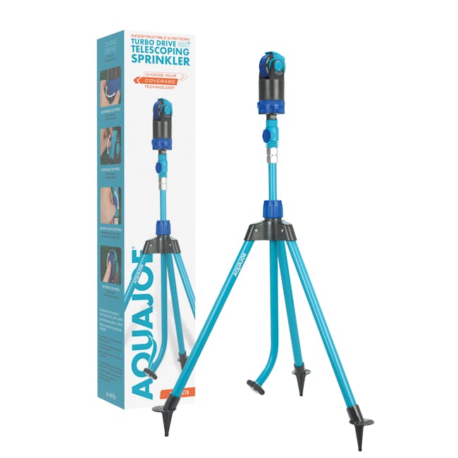 Aqua Joe 45-inch Indestructible Turbo Drive 360 Degree Telescoping Tripod Lawn and Garden Sprinkler and Mister with packaging.