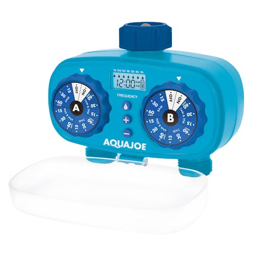 Aqua Joe 2-Zone Electronic Water Timer with the cover off.