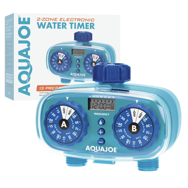 Aqua Joe 2-Zone Electronic Water Timer with packaging.