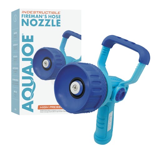 Aqua Joe Indestructible Fireman's High Pressure Hose Nozzle with packaging.
