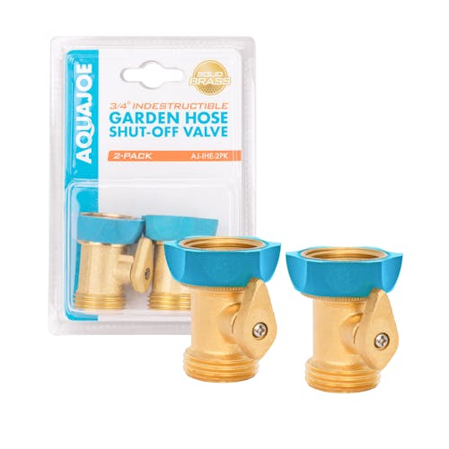 Aqua Joe 2-pack of brass Indestructible Series Heavy-Duty Hose Shut Off Valves with packaging.
