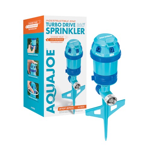 Aqua Joe Turbo Drive 360° Sprinkler with the packaging behind it.