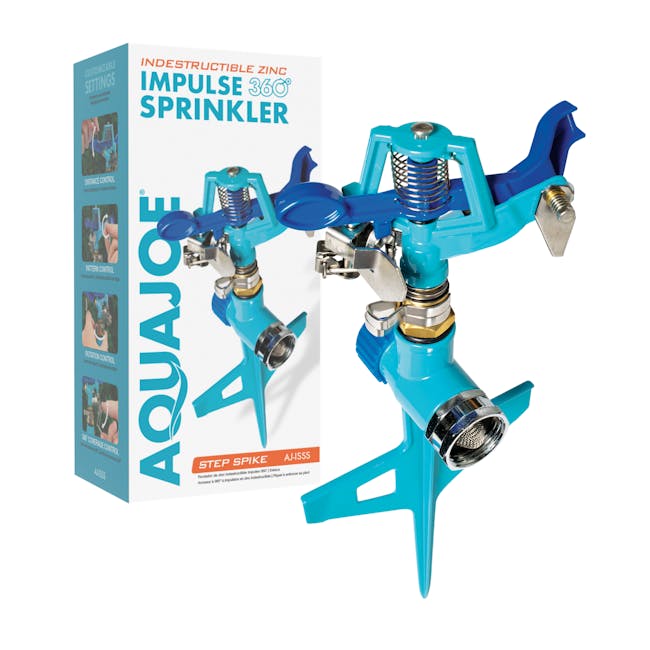 Aqua Joe Indestructible Zinc Impulse 360 Degree Sprinkler with packaging.