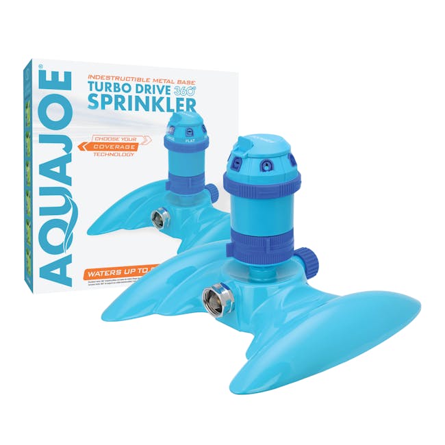 Aqua Joe 6-Pattern Turbo Drive 360 Degree Sprinkler with packaging.