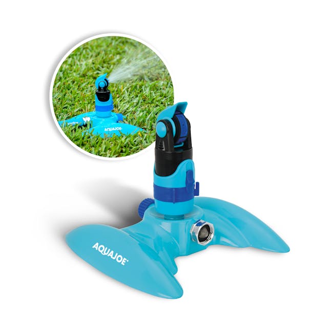 Aqua Joe Turbo Drive Sprinkler with inset image of product in use