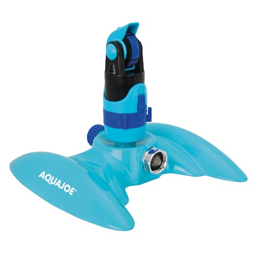 Left-angled view of the Aqua Joe 4-Pattern Turbo Drive 360 Degree Sprinkler.