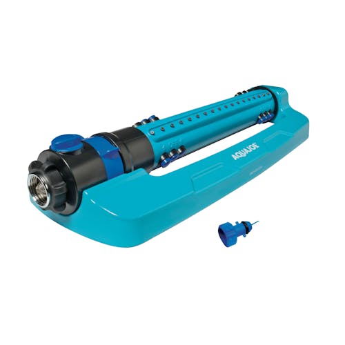 Aqua Joe 18-nozzle Indestructible Metal Base Oscillating Sprinkler with cleaning pin.