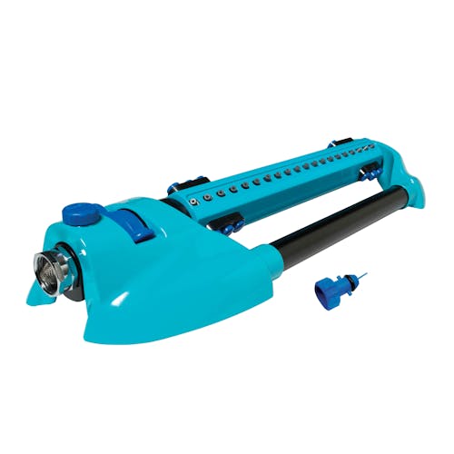 Aqua Joe 20-nozzle Indestructible Metal Base Oscillating Sprinkler with needle clean out tool.
