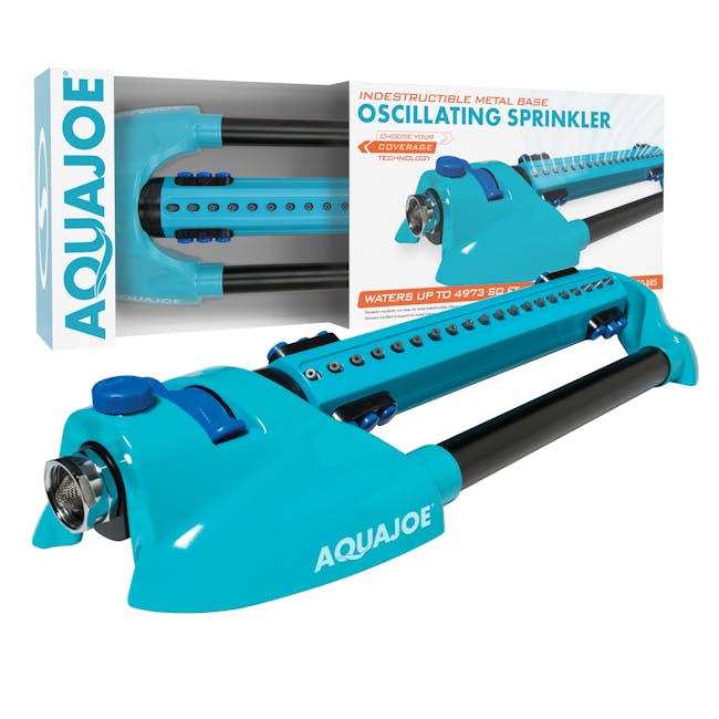 Aqua Joe 20-nozzle Indestructible Metal Base Oscillating Sprinkler with packaging.